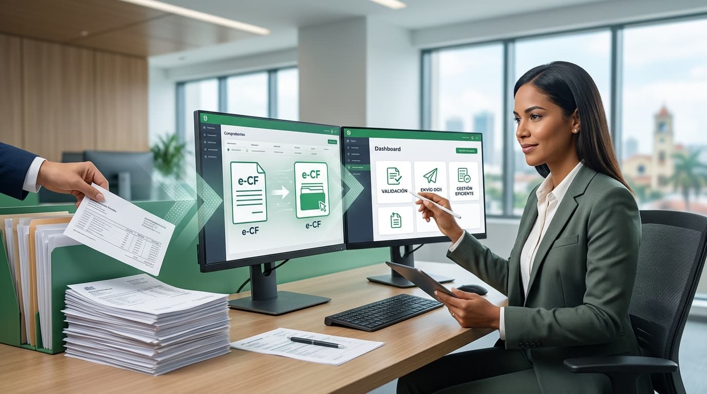 Business professional using a digital dashboard for electronic fiscal receipt management in the Dominican Republic.
