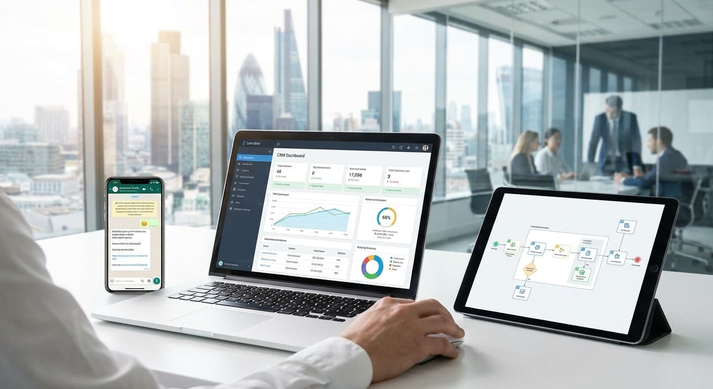 Dashboard de CRM con integración de WhatsApp mostrando pipeline de ventas B2B automatizado en 2026