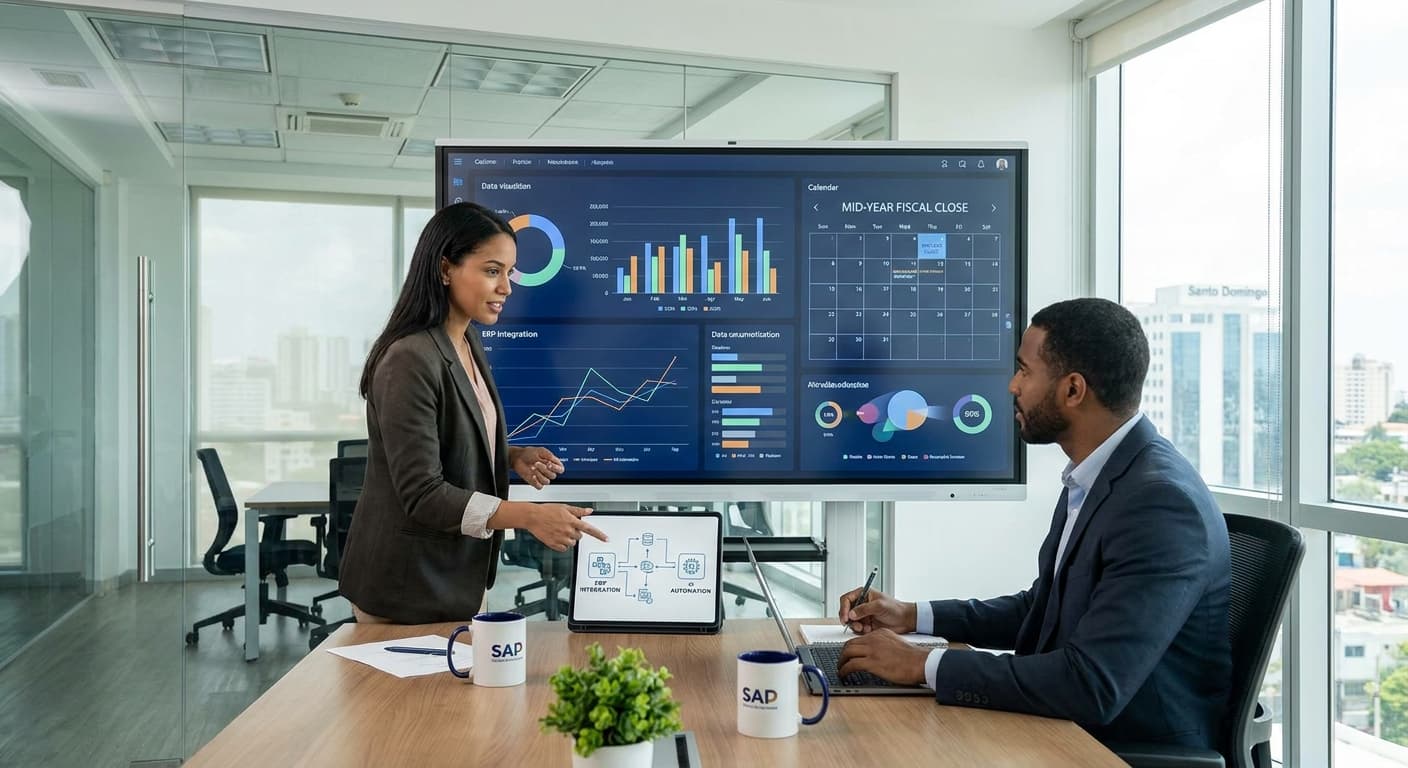 Empresario dominicano revisando reportes fiscales en dashboard de sistema de facturación electrónica para cierre fiscal de medio año 2026 ante la DGII