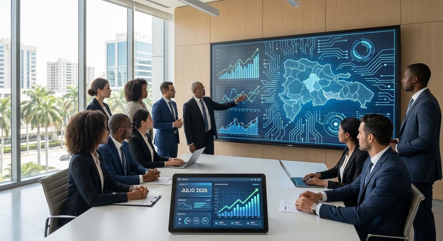 Dashboard digital con gráficos de adopción de IA y automatización en pymes dominicanas, julio 2026