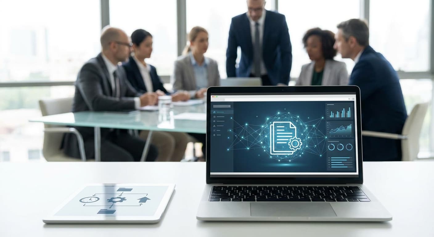 Cotizaciones B2B automatizadas con IA y ERP: vendedor revisando presupuesto en tablet con gráficos de velocidad