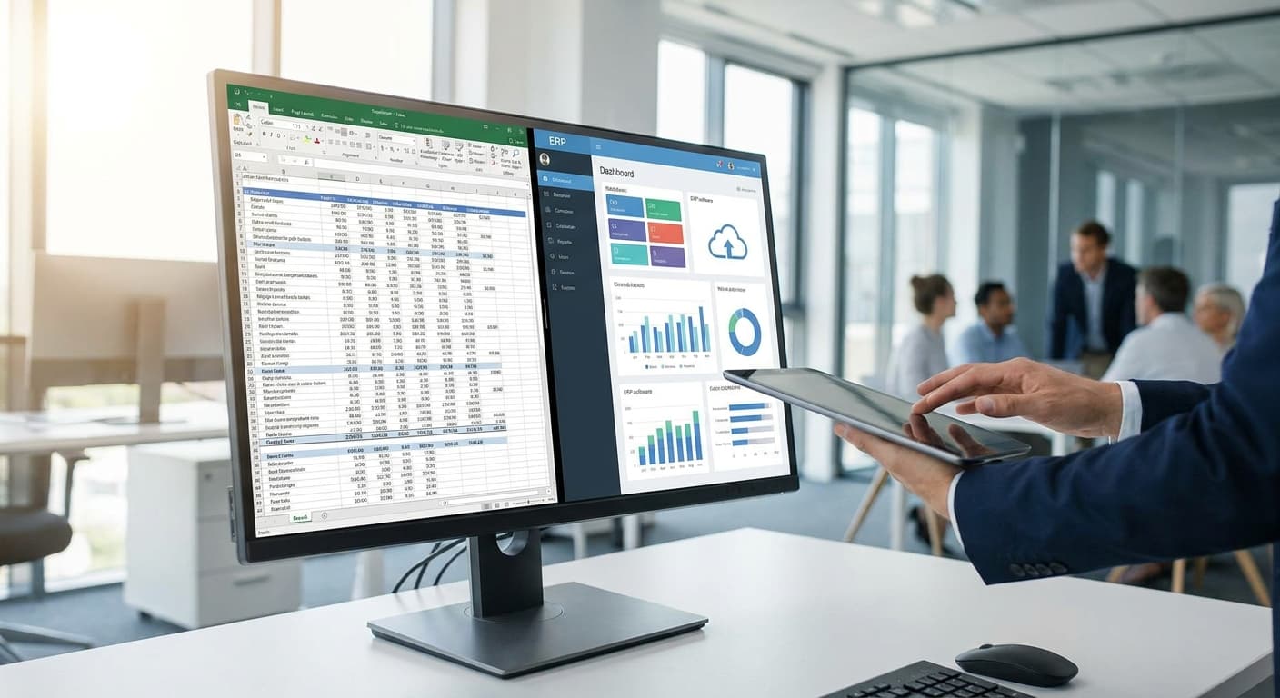 Migración de Excel a ERP: pantalla dividida mostrando una hoja de cálculo desordenada con errores a la izquierda y un dashboard ERP moderno con gráficos de compras y ventas a la derecha