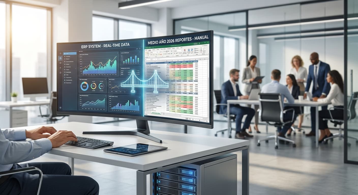 Dashboard empresarial con indicadores financieros y gráficos del primer semestre 2026 junto a una hoja de cálculo en transición digital