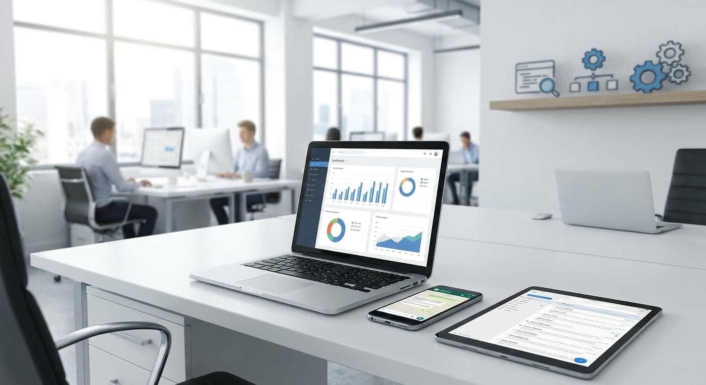 Pantalla de laptop mostrando dashboard con gráficos de automatización de WhatsApp, email y CRM integrados para nutrición de leads B2B