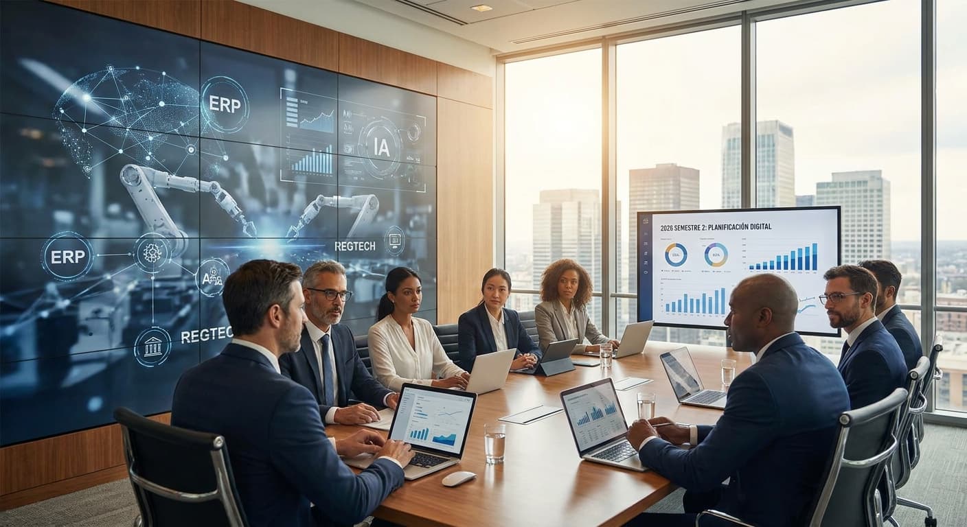 Equipo de oficina revisando dashboard de ERP con gráficos de cierre fiscal, aliviados tras automatizar procesos