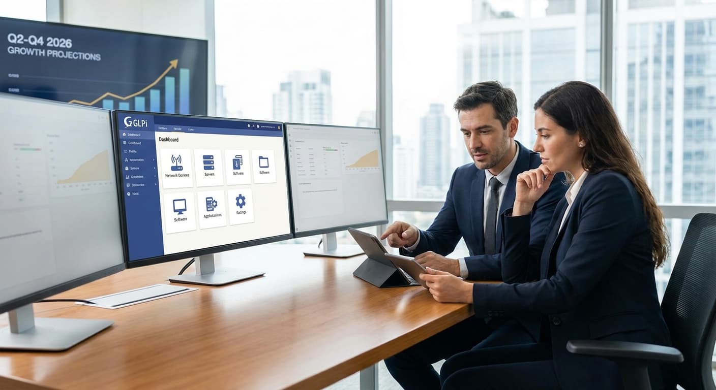 Dashboard de GLPi mostrando panel de control de inventario de activos TI con gráficos de estado de equipos, licencias y garantías
