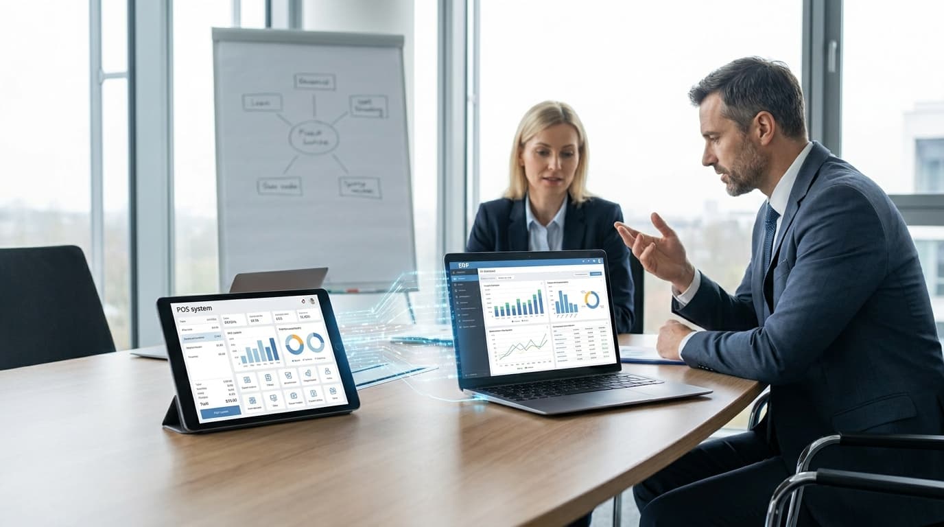 Pantalla de integración entre punto de venta y ERP mostrando sincronización de inventario en tiempo real con gráficos de conciliación