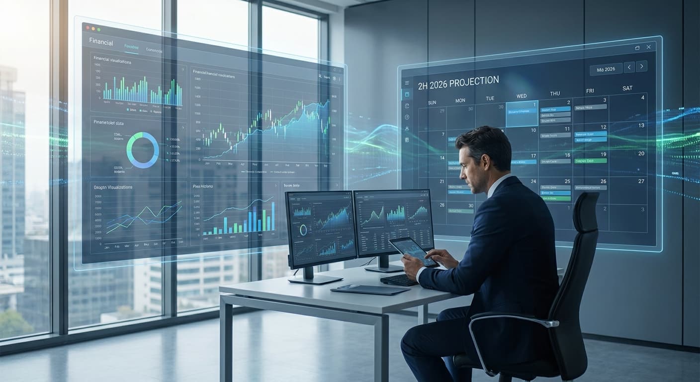 Dashboard de forecasting de caja con IA mostrando proyección de liquidez para el segundo semestre 2026 sobre datos de ERP