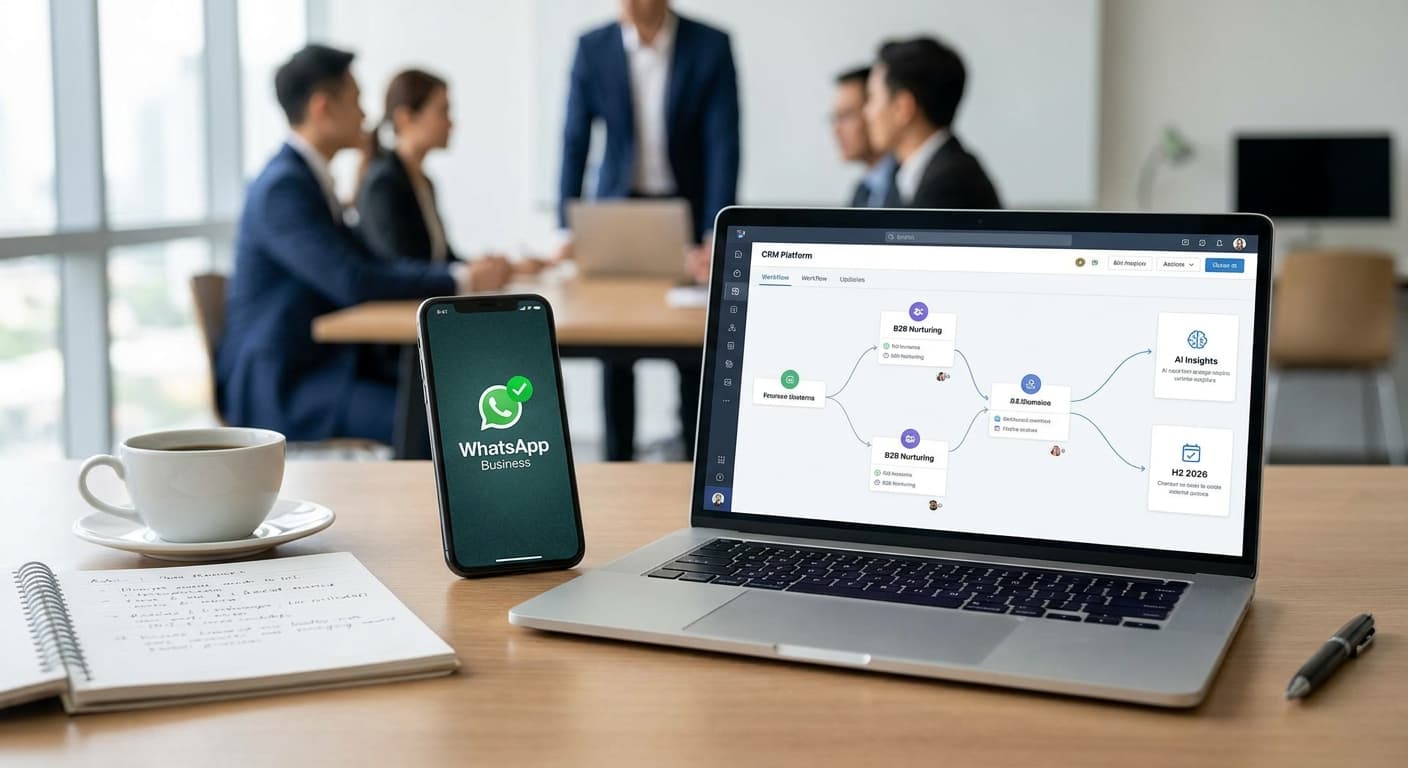 Dashboard de marketing B2B con gráficos de campañas de WhatsApp y panel de automatización en teléfono móvil