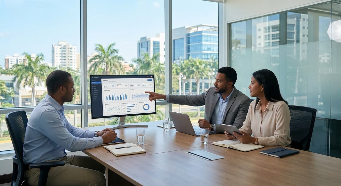Equipo de pyme dominicana colaborando frente a un dashboard ERP con gráficos de implementación ágil — sin caos, con resultados visibles