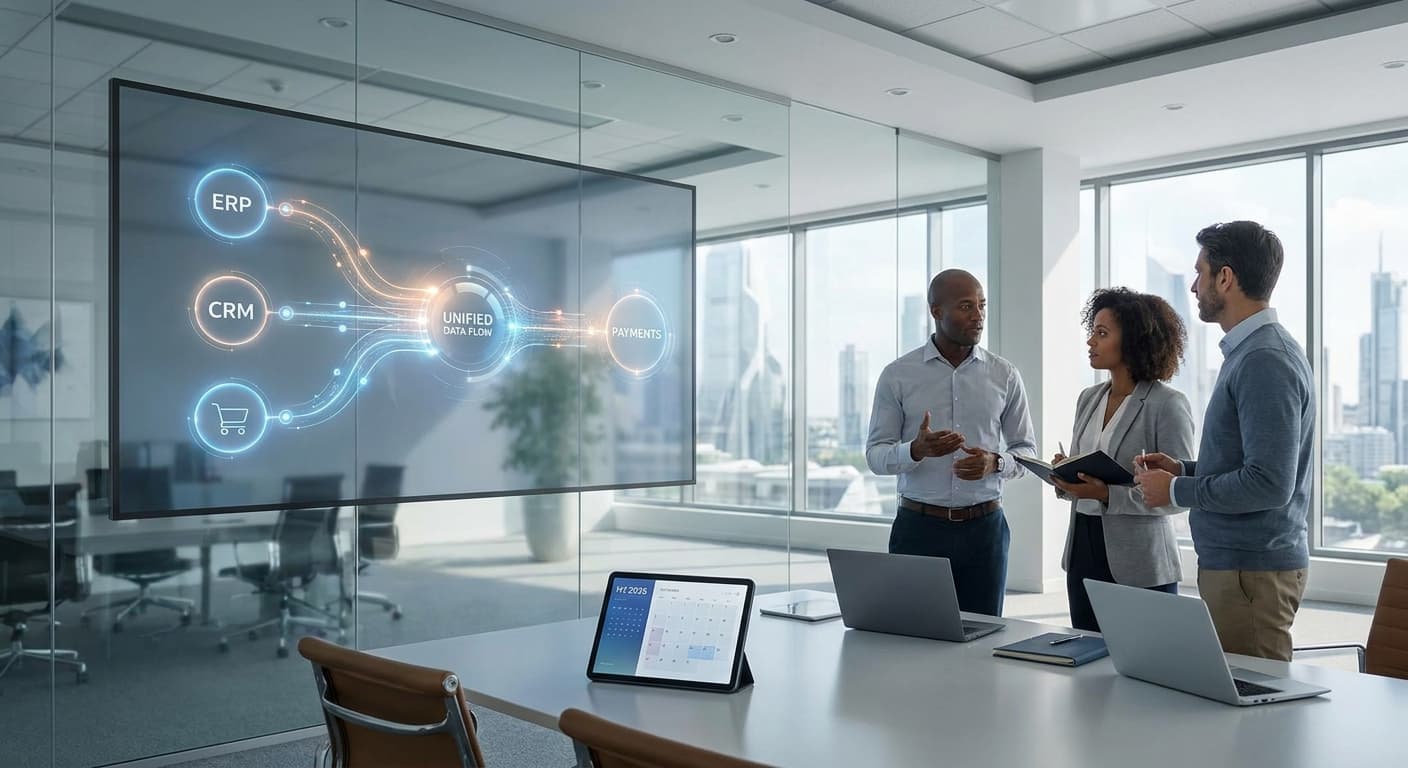 Dashboard de integración empresarial conectando ERP, CRM y pasarela de pagos en una interfaz unificada para pymes