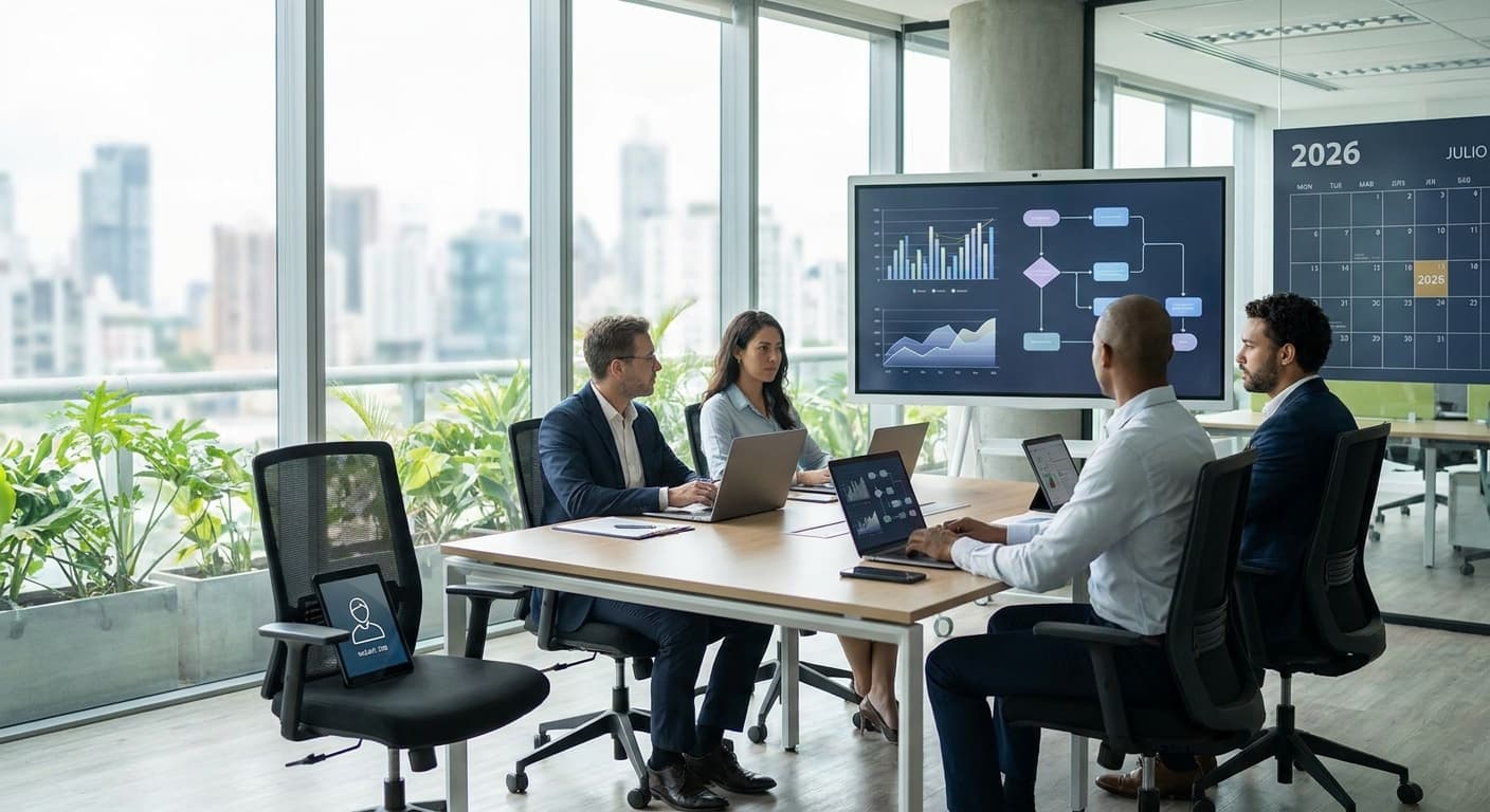 Equipo tecnológico trabajando en oficina moderna en Santo Domingo — automatización como alternativa a la escasez de talento tech en pymes dominicanas