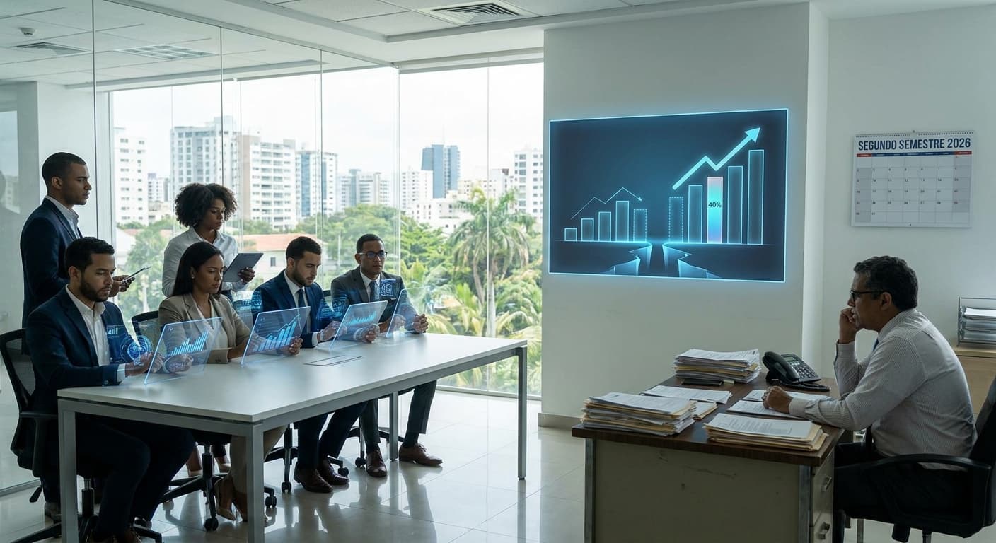 Dos empresarios dominicanos frente a una pantalla con dashboard de IA mostrando una brecha de productividad del 40% — uno ganando terreno mientras el otro se rezaga