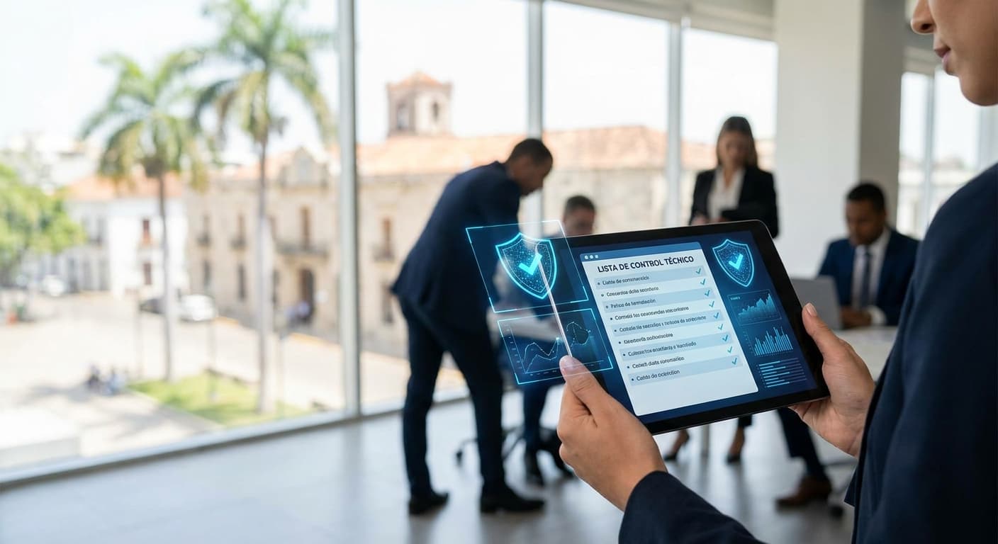 Dashboard de ciberseguridad con checklist técnico para pymes dominicanas — protección contra ciberataques con IA 2026