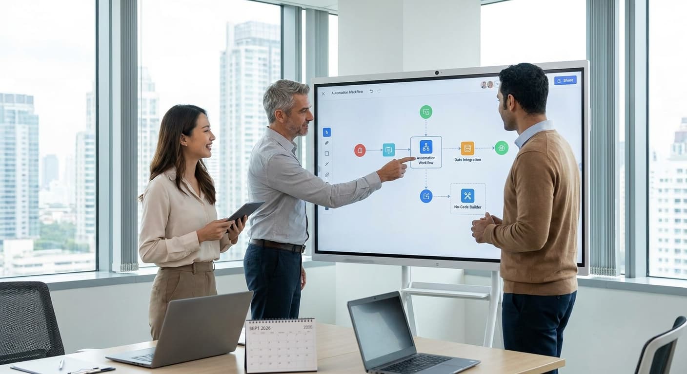 Gerente de operaciones construyendo automatizaciones en plataforma low-code sin escribir código — empoderamiento del citizen development en pymes