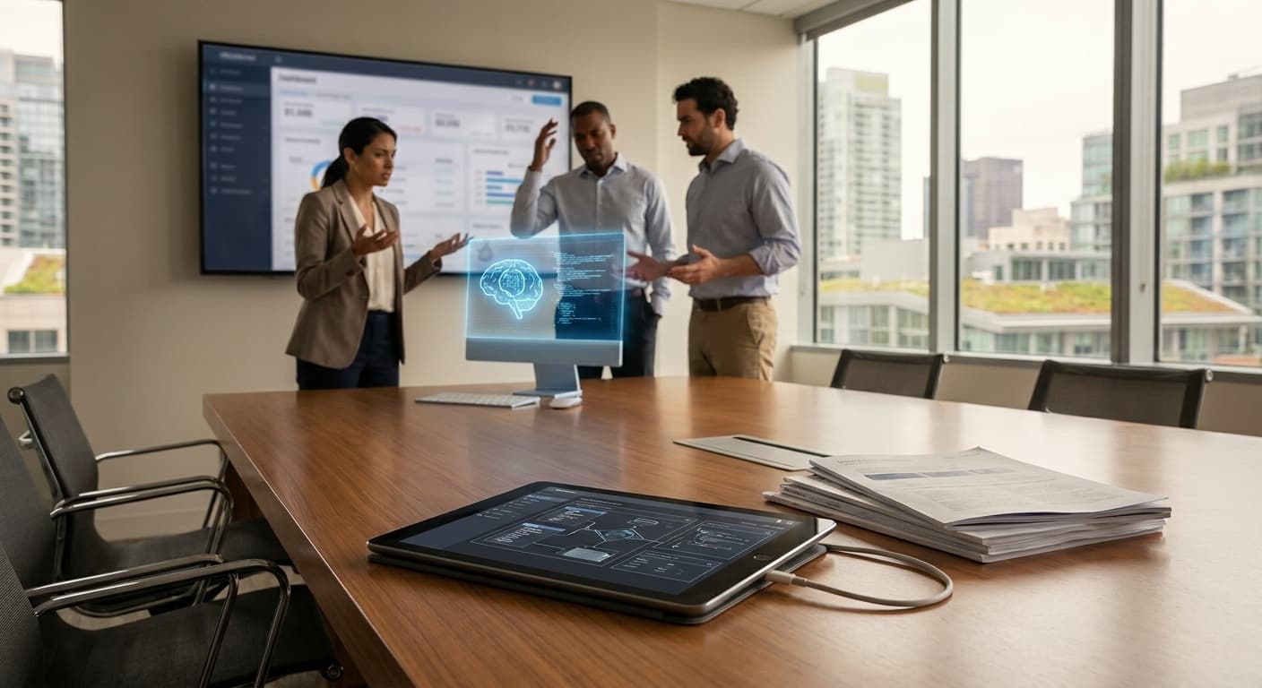 Equipo de trabajo frustrado frente a una pantalla con dashboard de ERP sin usar, rodeados de papeles y hojas de cálculo — representando el problema de adopción de software empresarial en pymes