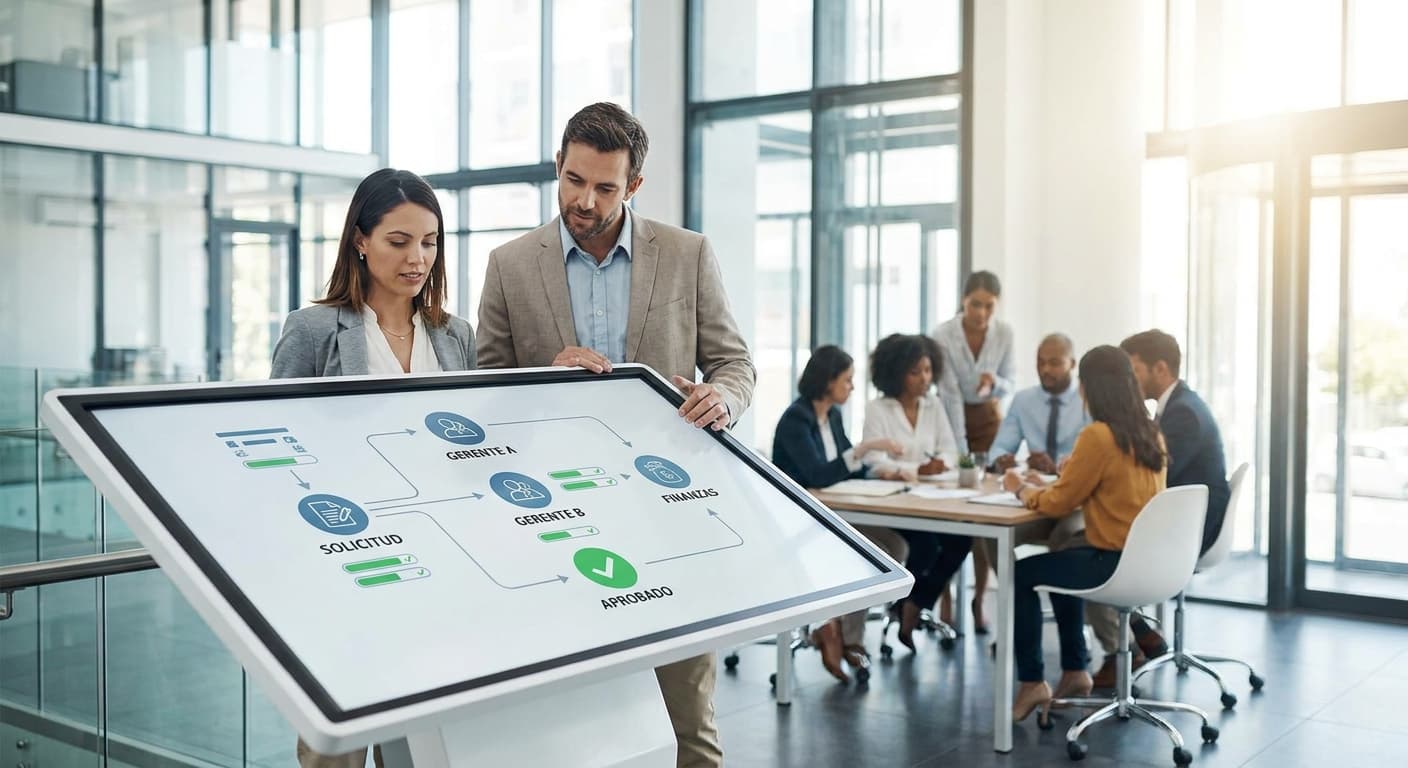 Dashboard de ERP mostrando flujo de aprobación multi-nivel con notificaciones de compras, descuentos, vacaciones y reembolsos para pymes dominicanas