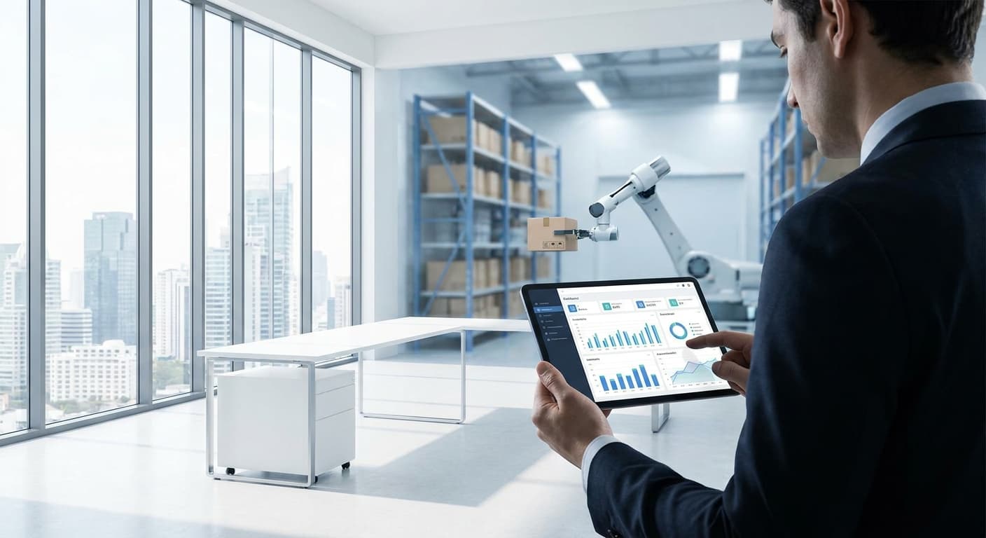 Dashboard de ERP mostrando reposición automática de inventario con órdenes de compra disparadas por reglas de stock mínimo