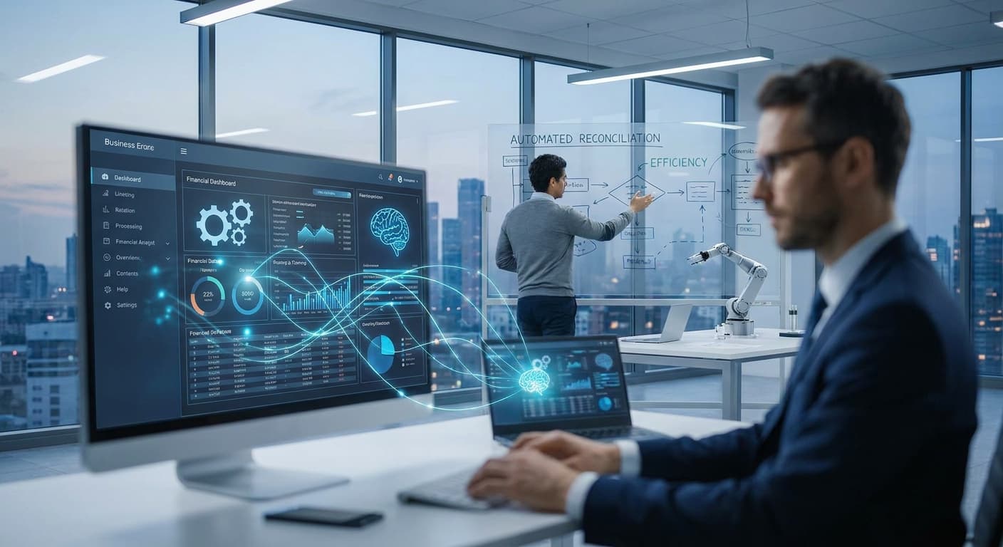 Dashboard de IA operativa mostrando conciliación bancaria automatizada con matching de transacciones en tiempo real para empresas dominicanas