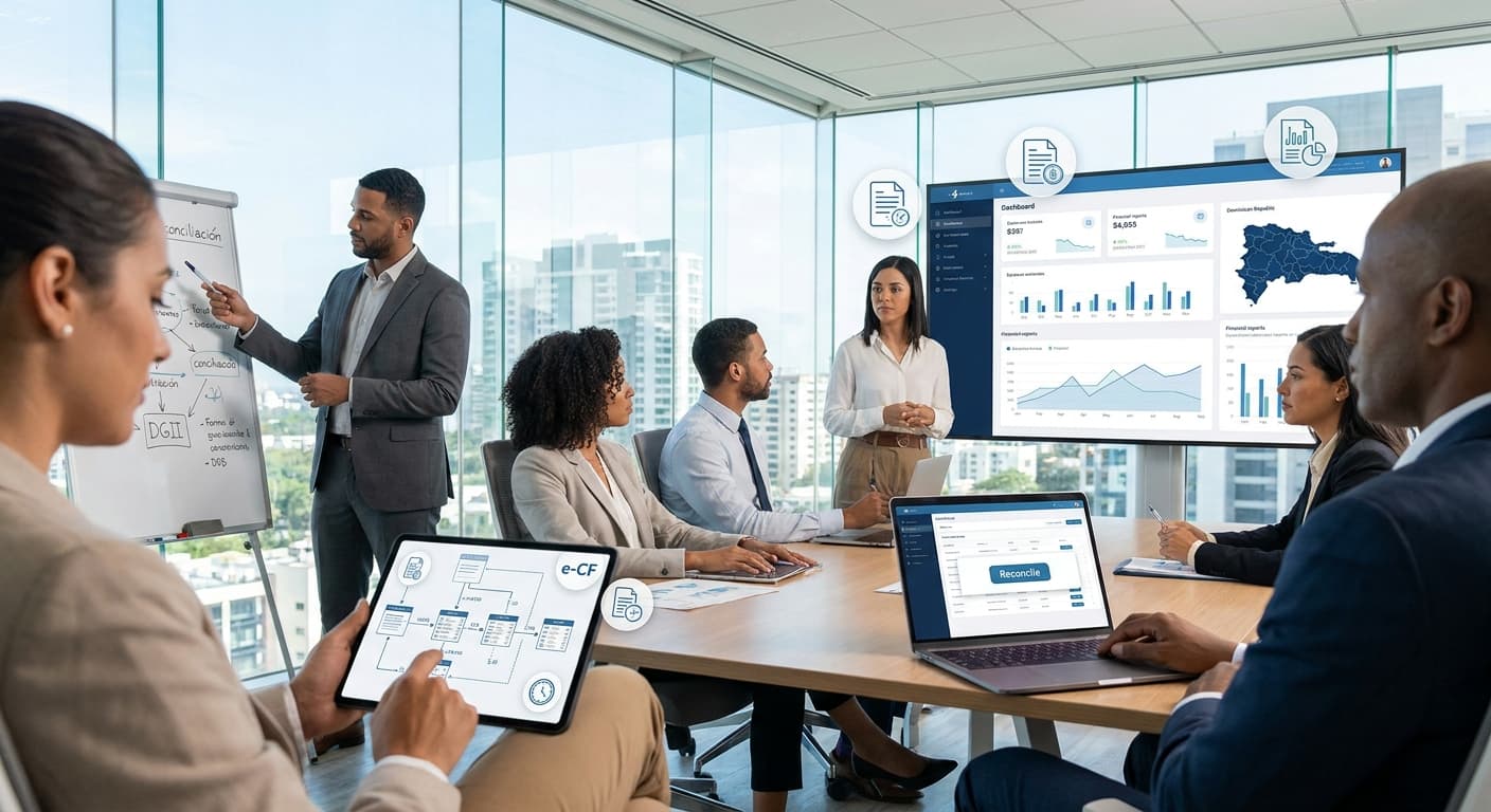 Dashboard de conciliación fiscal con gráficos de e-CF, documentos electrónicos apilados y calendario marcando la fecha de cierre de medio año 2026 ante la DGII