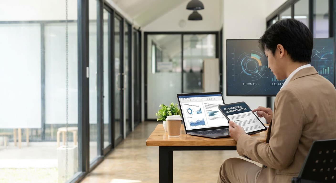 Gerente de pyme produciendo artículos de marketing de contenidos B2B con IA para atraer leads calificados