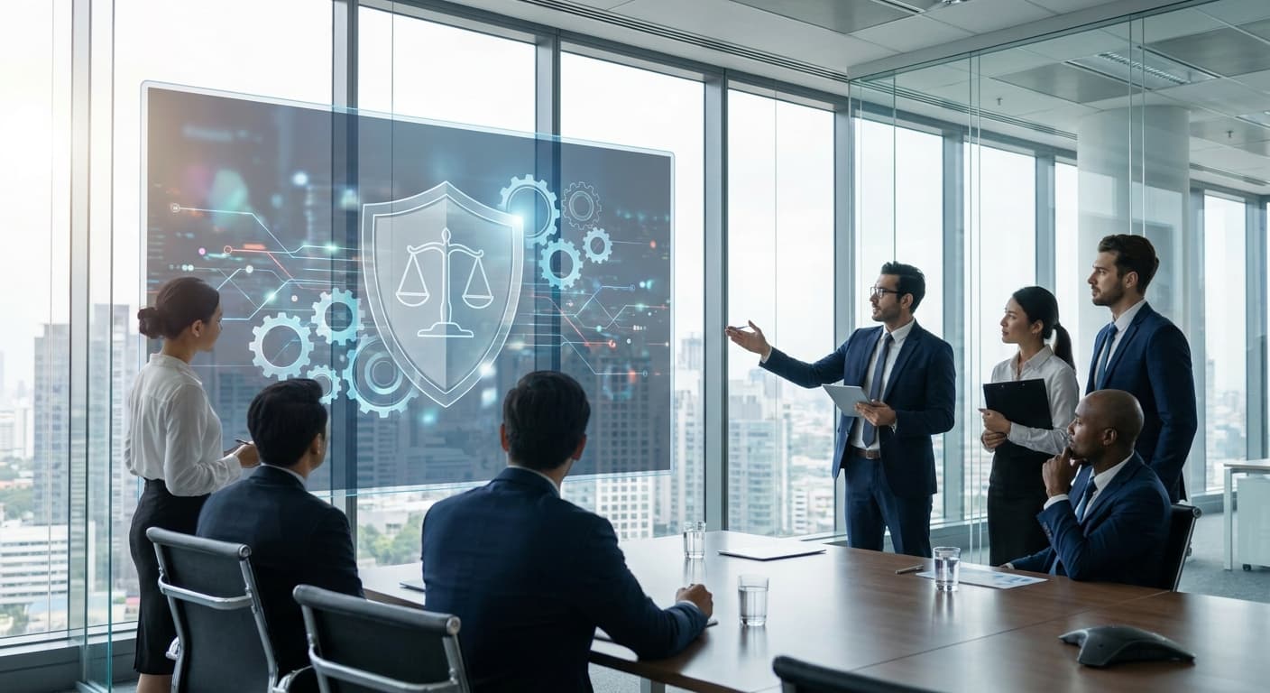 Gobernanza de IA en pymes: supervisor humano revisando decisiones automatizadas en un panel de control empresarial